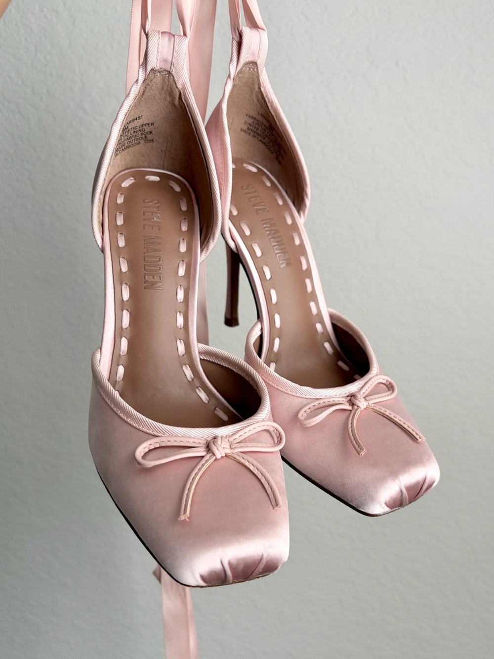 Steve Madden LARINA Pink Satin Ankle-Tie Pointed Square-Toe Heels